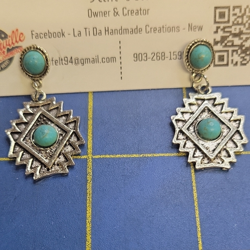 Turquoise Faux and Silver Tone Aztec Western 1.5" Earrings
